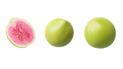 Fresh guava fruit and its vibrant pink interior displayed together on a clean white background