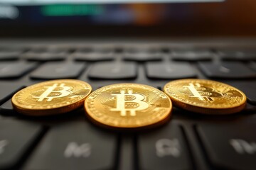 Three Bitcoin Coins Resting on a Laptop Keyboard in a Close-Up Shot, Emphasizing the Digital Currency Trend and Cryptocurrency Investment Landscape