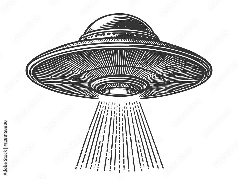 Poster ufo flying saucer emitting a powerful beam of light, blending retro sci-fi with a mysterious extrate