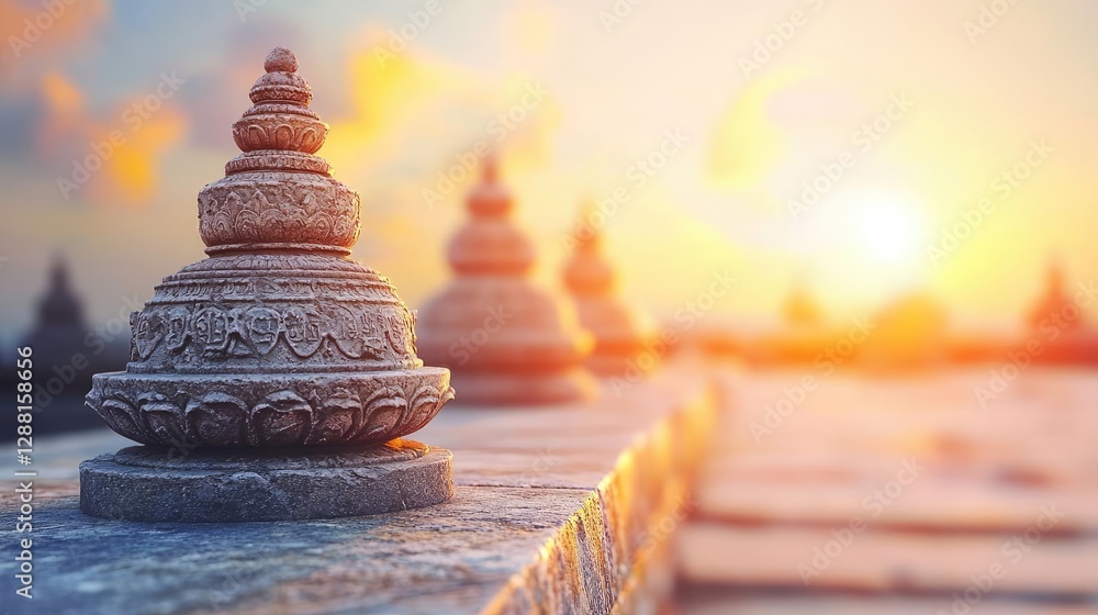 Poster weathering process idea. sunset over ancient stone structures, creating a serene and spiritual atmos