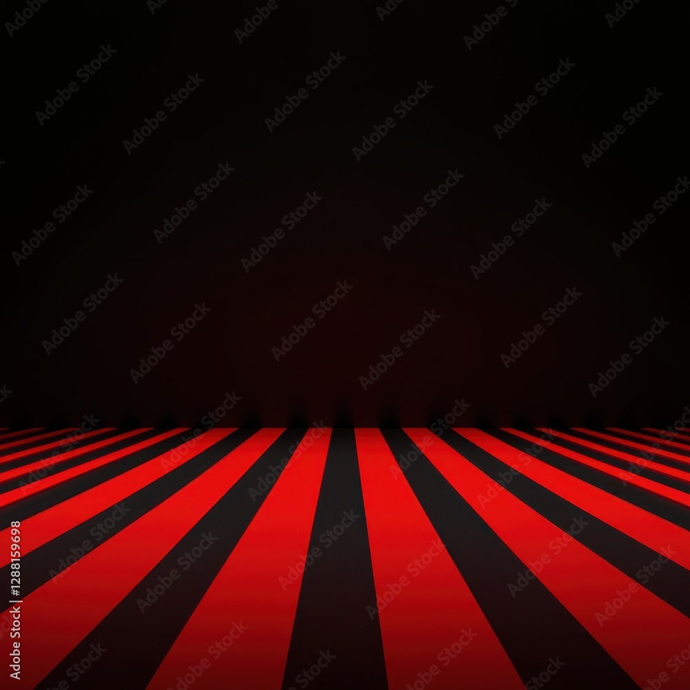 Poster abstract rendering of a floor with bold red and black stripes against a dark, moody background