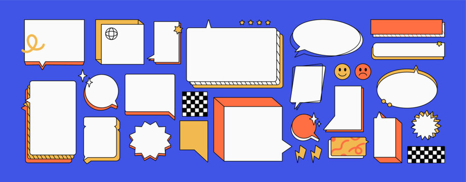 Set of speech bubbles in retro style. Talk clouds, text boxes, chat balloons, groovy messages. Conversation, dialogue frames with different geometric shapes. Flat isolated vector illustrations