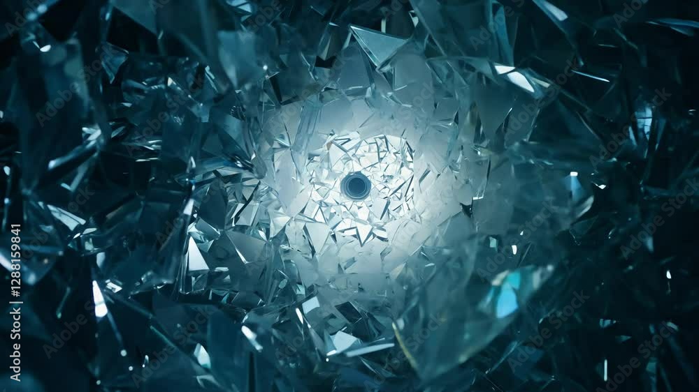 Poster low key lighting, zooming slowly into a central point within a chaotic scattering of frosted glass s