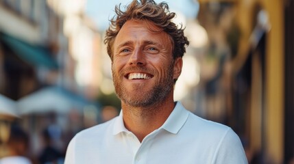 Obraz premium The image features a smiling bearded man in an outdoor setting, likely a street or market, with buildings and people in the background. He appears to be standing during the daytime under a clear sky.