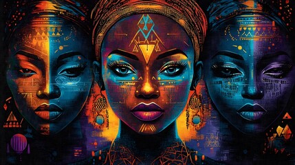 Obraz premium Vibrant African Inspired Digital Artwork with Geometric Masks and Symbolic Imagery