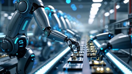 Fototapeta premium Robots assembling electronic components in a modern manufacturing facility during daylight