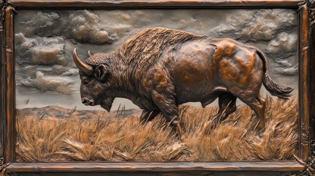A Magnificent Bison Walks Across A Grassy Field Under Cloudy Skies