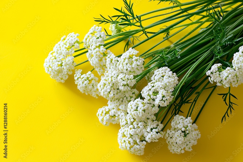 Poster the composition features flowers, specifically chamomile on a yellow background, evoking a spring an