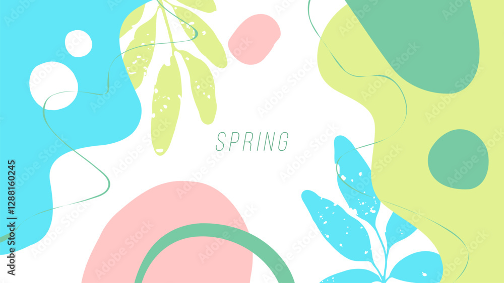 Poster springtime abstract background with various hand drawn dynamic shapes, wavy lines and color leaves f