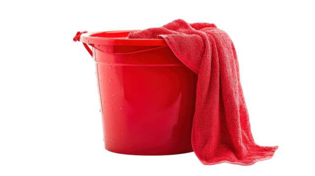 Bright red bucket with a damp red towel draped over the edge ready for cleaning activities at home