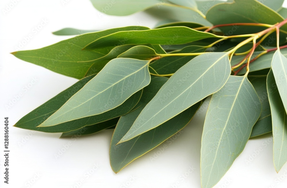 Poster eucalyptus leaves are presented on a white background in a flat lay style with a top view and copy s