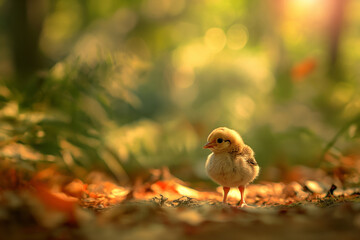 Little Chicken in the Park with Soft Light and Bokeh. Generative AI