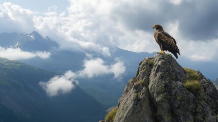 A magnificent eagle perched proudly on a rugged rocky mountain peak