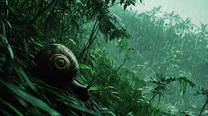 A large snail is traversing a grassy slope in heavy rain