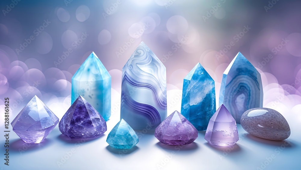 Poster colorful collection of crystals and gemstones arranged on a shimmering surface with soft light in th
