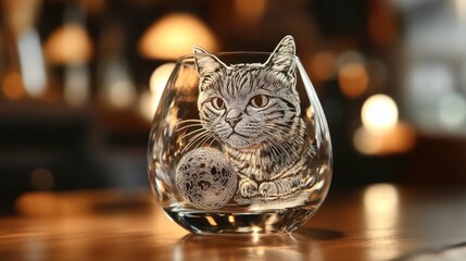 Fototapeta premium Etched glass with cat and moon design.