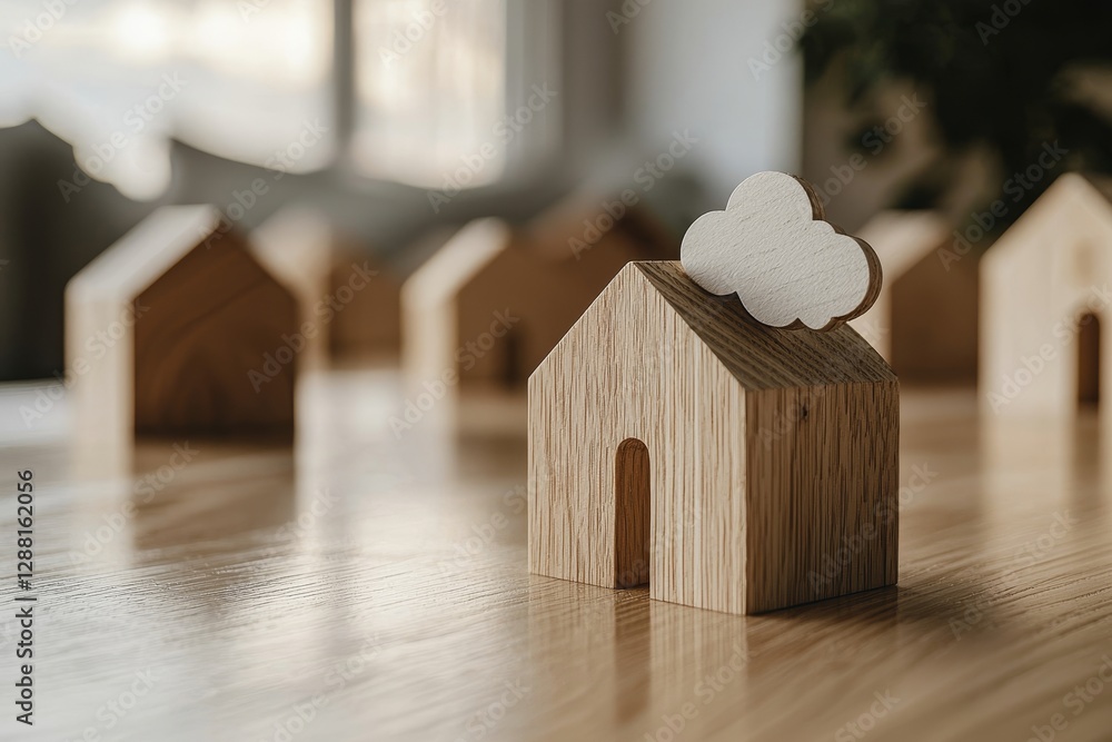 Poster a wooden house model serves as a symbol for the integration of virtual cloud computing, information 