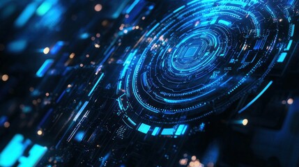 Fototapeta premium Futuristic digital interface with glowing blue circular patterns and data streams, conveying technology, innovation, and advanced digital connectivity