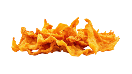 Crispy fried snacks piled together in an artistic arrangement on a white background for culinary presentation