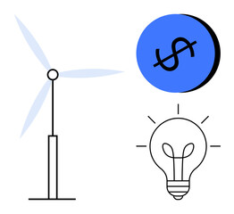 Wind turbine generating clean energy, blue circle with dollar sign symbolizing savings, light bulb representing innovation. Ideal for sustainability, clean energy, innovation, economic growth