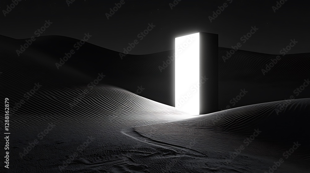 Poster illuminated portal in dark desert landscape, surreal scene, possible use abstract art