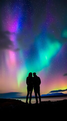 Silhouette of a couple with the beautiful colorful northern lights falling from the sky in Iceland in a stunning clear. Aurora borealis. vacations and adventures. travel concept