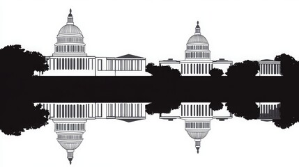 Fototapeta premium Washington DC skyline silhouette with reflection in the water. Urban landscape of the capital city with iconic monuments and buildings, vector illustration of Washington DC's famous landmarks 