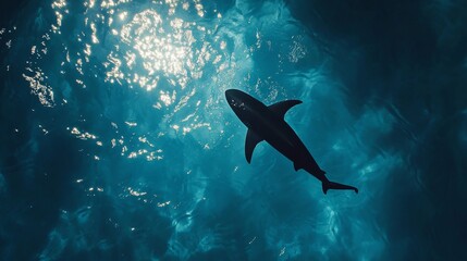 Shark swimming underwater with sunlight filtering through blue ocean surface, marine wildlife scene. Underwater exploration and marine conservation concept