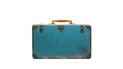 Vintage blue suitcase with wear showcasing character and history in a minimalist setting