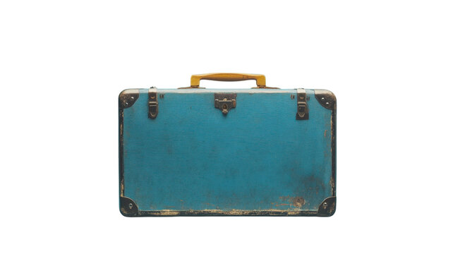 Vintage blue suitcase png, retro travel luggage with worn leather trim, isolated baggage for tourism branding and posters