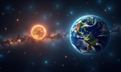 Obraz premium Earth & Sun in Space: Cosmic View - Space exploration and discovery.