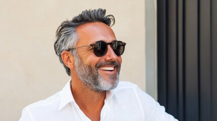 Fototapeta premium The image portrays a man with facial hair, wearing sunglasses and a white shirt.