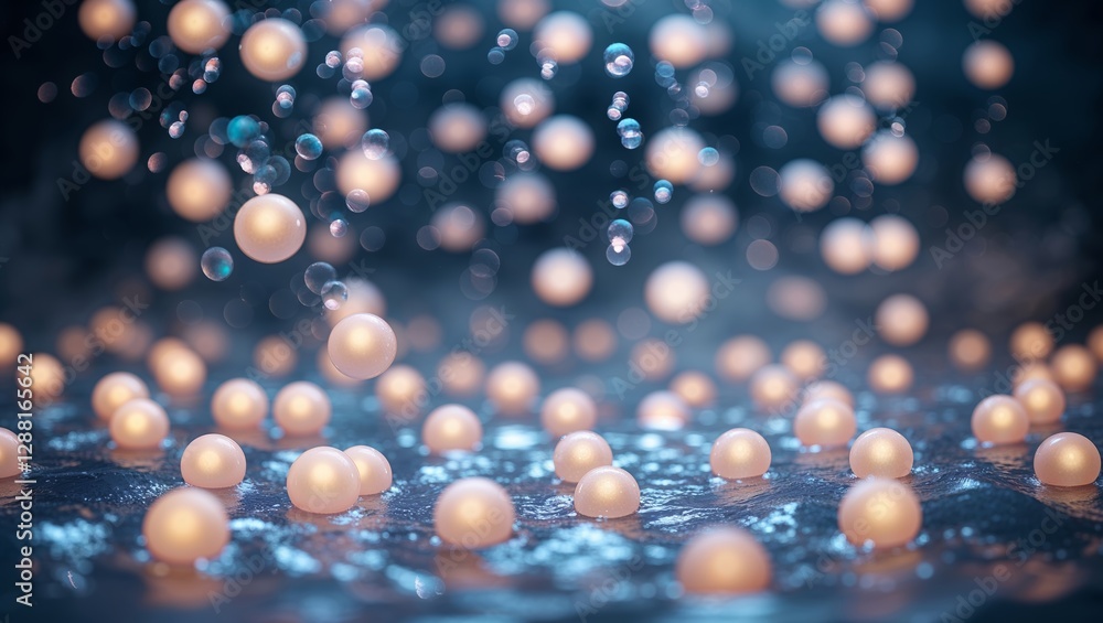 Poster droplets falling on pearls create a mesmerizing display in a serene environment