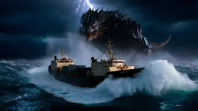Giant sea monster rises from stormy ocean near a cargo ship, lightning strikes!