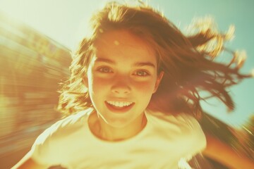 Joyful girl captured in motion, sunlight radiates warmth and vib