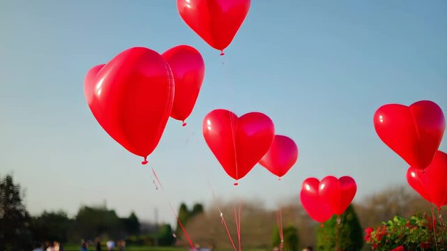 Bright red heart-shaped balloons float gently against a clear blue sky during a joyful outdoor event. The festive atmosphere adds charm to the scenery, creating a romantic and cheerful vibe