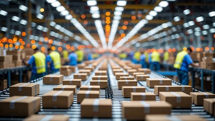 Obraz premium Busy warehouse with workers packaging and organizing boxes during peak hours of operation