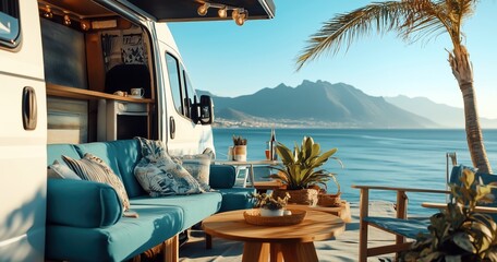 Fototapeta premium Un camping-car élégant avec un coin salon donnant sur la mer, comprenant un canapé turquoise, une table basse en bois et des plantes, ciel bleu et montagnes en arrière-plan.