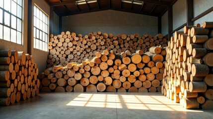Sunlight Illuminates Stacks of Round Wooden Logs in a Spacious Warehouse