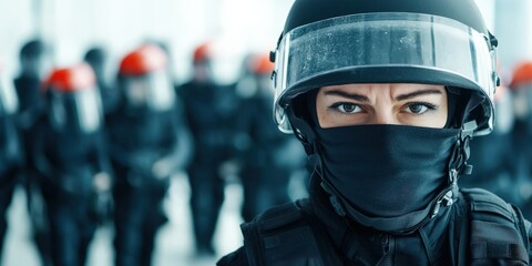 Environmental Activism pollution movement  concept. A masked officer stands out in a group of tactical law enforcement.