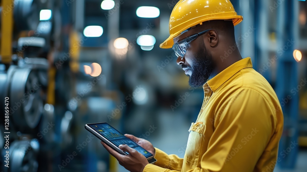 Poster industrial worker using tablet in a mill setting to monitor production processes and improve efficie
