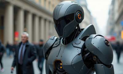 Fototapeta premium Futuristic Robot in City Street - Futuristic Technology