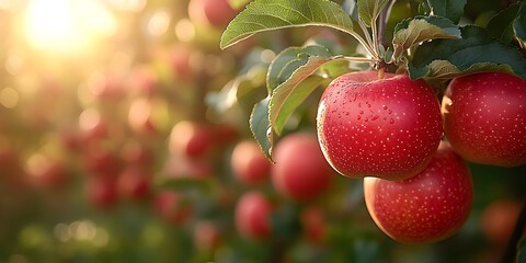 Obraz premium Ripe Red Apples Hanging on Branches in Orchard at Sunset