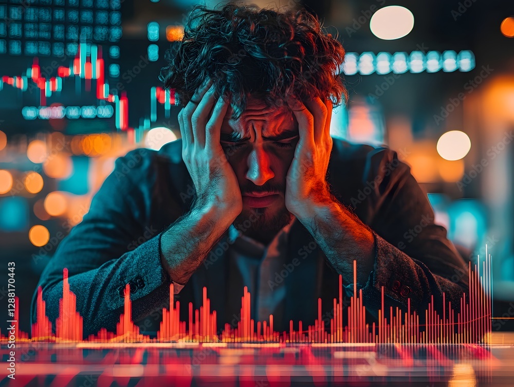 Poster stressed businessman with declining business graph on computer desk