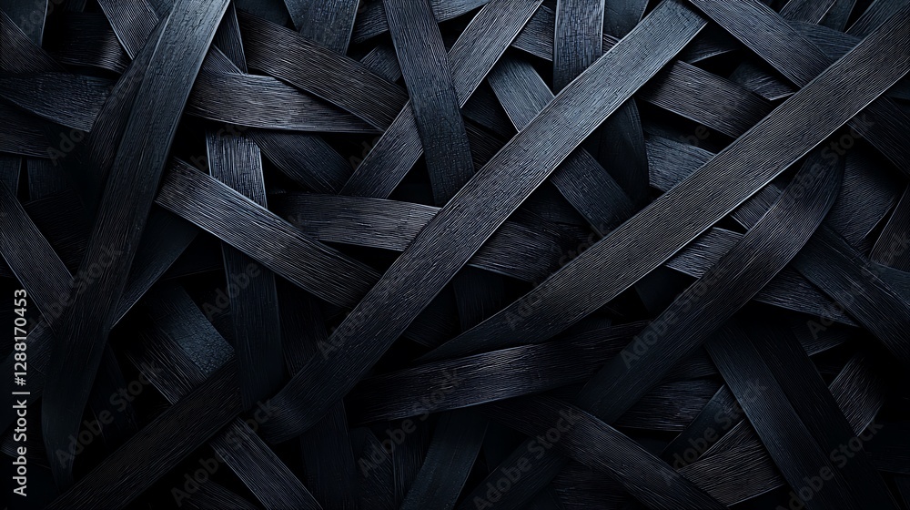 Poster interwoven dark black ribbons background, creating a textured abstract pattern for design or wallpap