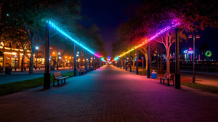 Colorful Lighted Walkway at Night in a City Park