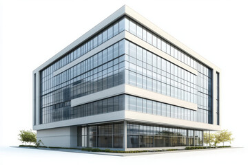 Fototapeta premium Modern high-rise office building with large windows in 3D on white background