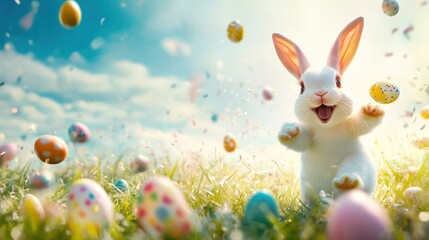 Joyful Easter Bunny in a Field of Colorful Eggs