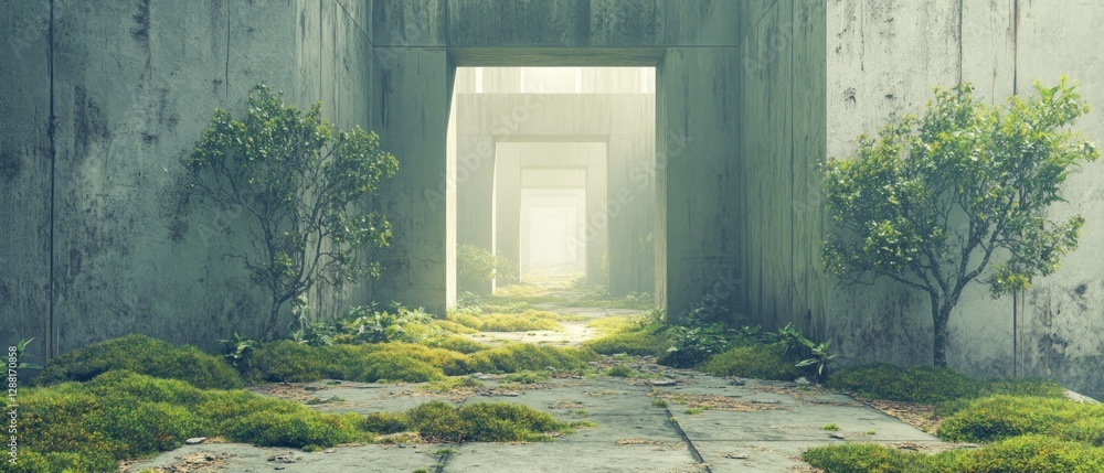Poster serene view of a deserted concrete pathway surrounded by lush greenery, with soft light filtering th