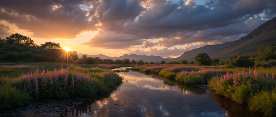 a nature photograph of wild flowers in full bloom with mountains in the background
